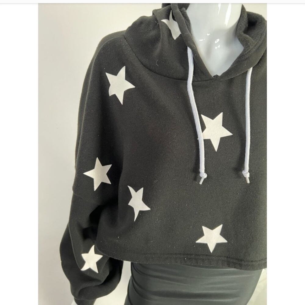 Roma Concept Black Crop Hoodie With Stars Cotton Blend Size Medium